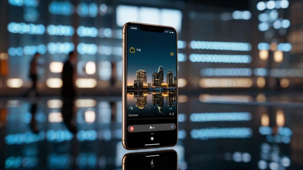 A collection of modern smartphones showcasing AI-powered camera features in smartphones, including night mode, portrait mode, HDR, and object recognition, displayed on a clean reflective surface without human presence, highlighting the advanced technology used in mobile photography.
