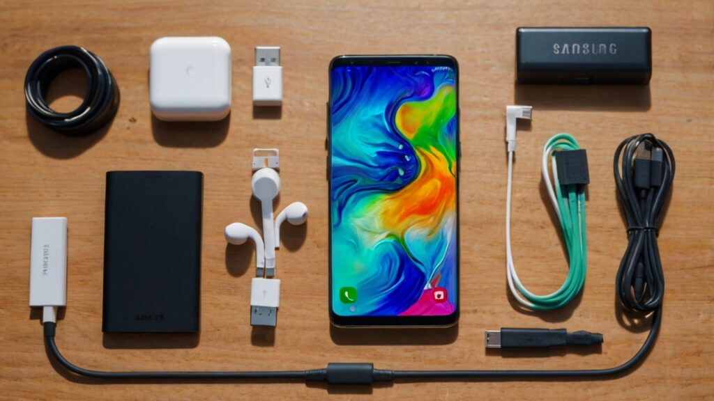 Android Phone Running Slow After Update 2 "Android phone running slow after update with visible lag on screen, surrounded by accessories like charger, phone case, and USB cable on a desk"
