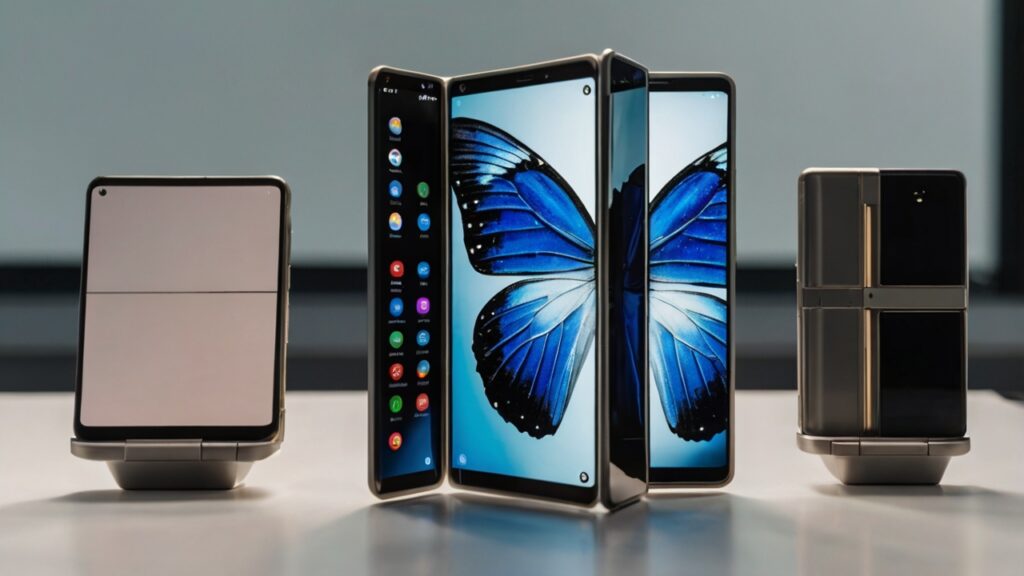 Foldable Android Phone Trends 2024 with multiple foldable Android smartphones displayed in different open and closed positions on a modern, minimal tech surface.