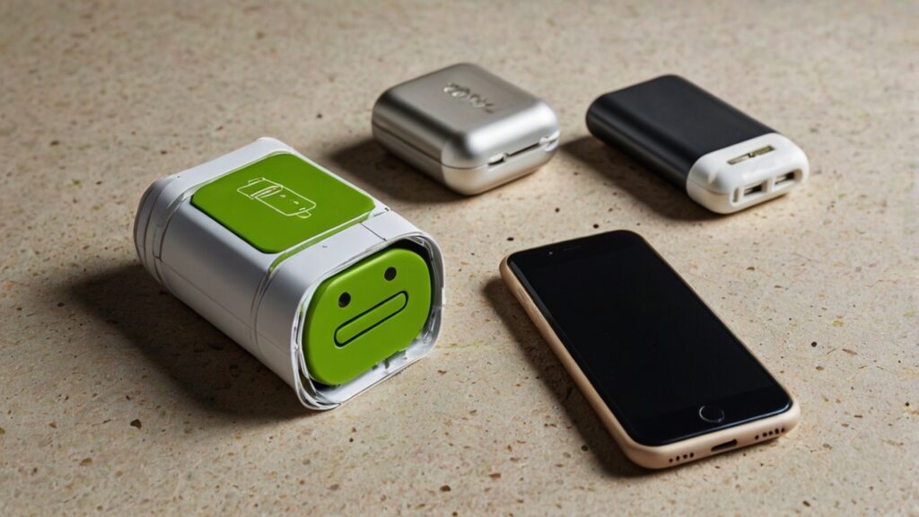 Sustainable Materials In Android Phone Design 2 Eco-friendly Android smartphones and accessories made using Sustainable Materials In Android Phone Design, including recycled aluminum, biodegradable packaging, and recycled plastics, showcased in a clean studio setting without human presence.