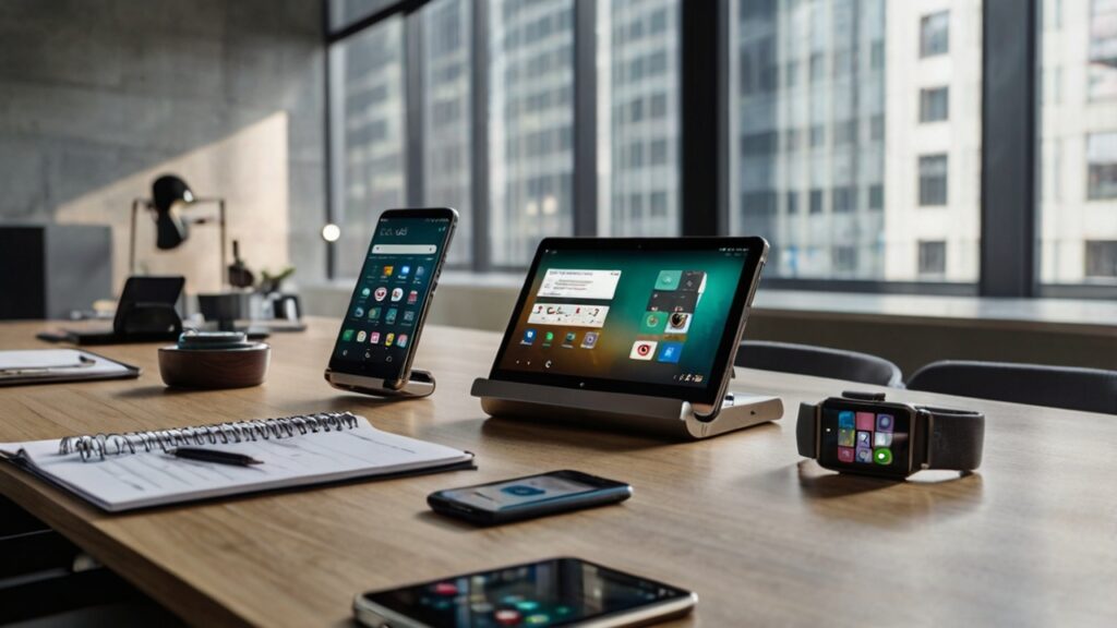 Business Professionals: Android Phones That Enhance Productivity 2 Group of high-end Android smartphones displayed on a sleek business desk, showcasing productivity apps like Google Workspace, Microsoft Office, and Slack, surrounded by professional accessories such as styluses, Bluetooth keyboards, and power banks, emphasizing the theme — Business Professionals: Android Phones That Enhance Productivity.