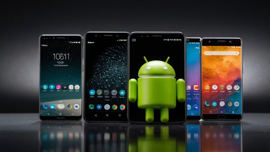 Shop 2 High-resolution image showcasing a group of the latest Android smartphones placed on a sleek, reflective surface under soft studio lighting. The phones feature various models with vibrant screens and modern designs, arranged in a clean, professional stock photography style. No human beings present. Perfect visual for mobile tech reviews, online deals, and affiliate content. Target keyword: Shop.