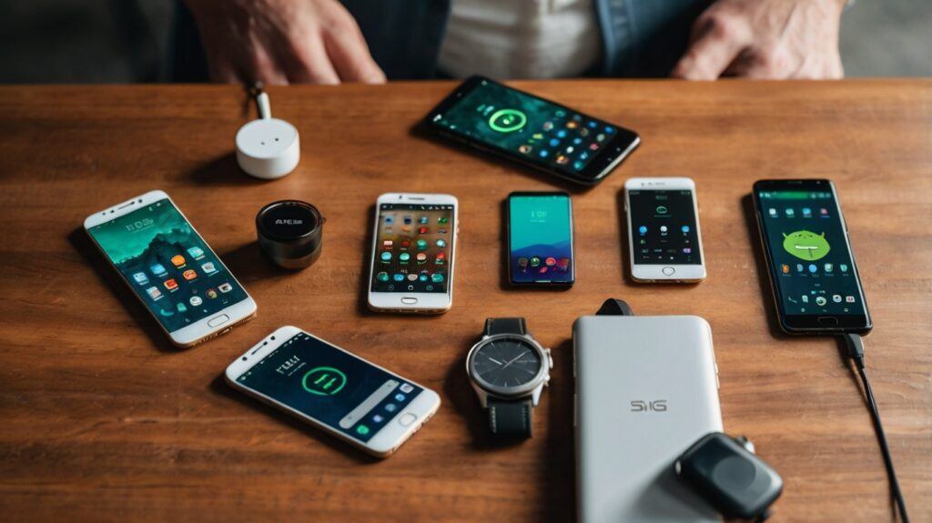 Senior Citizens Embracing Technology With User-Friendly Android Phones – top-down view of accessible Android smartphones with large icons and simplified settings, styled with complementary senior-friendly tech gadgets like hearing aid-compatible wireless earbuds, stylus pens, and charging docks, all arranged neatly on a desk, designed to showcase modern digital inclusion tools for elderly users without any human figures in frame