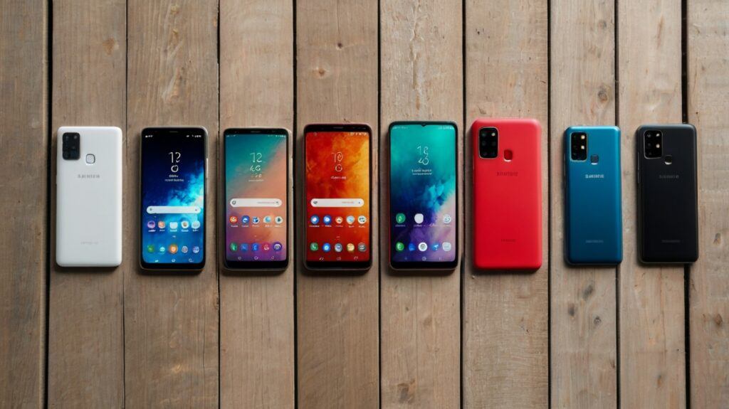 Budget-Conscious Families: Affordable Android Phones For Everyone – High-resolution 8K image showcasing a lineup of budget-friendly Android smartphones ideal for family use. Devices from Samsung, Motorola, Nokia, and more are arranged with affordable accessories like earbuds, charging cables, and protective phone cases. Perfect stock photo for tech bloggers or affiliate marketers targeting cost-effective family tech solutions. Clean, minimalistic setting, no humans visible, strong focus on budget Android gadgets.