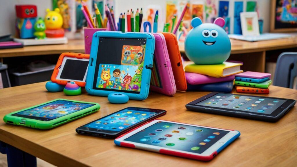 "Colorful and safe Android phones and tablets for children displayed on a kid-friendly learning table, showing rubber cases, child-mode apps, parental control screens, stylus pens, and fun accessories — perfect for parents looking for kid-friendly Android phones and tablets in 2025."
