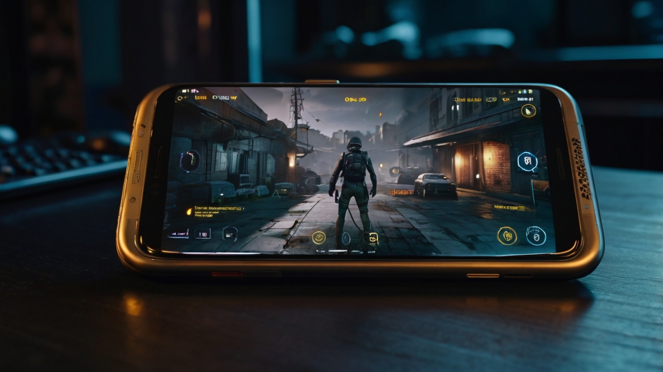 Premium Android gaming smartphones optimized for professional e-sports players in 2025, featuring high refresh rate displays, RGB-lit accessories, cooling attachments, and sleek futuristic design on a competitive gaming desk. No humans visible. High-performance gadgets built for pro-level mobile gaming.