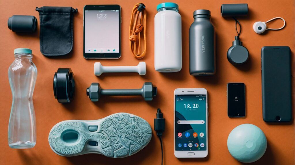 “Flat-lay image of Android smartphones running top health and fitness apps including MyFitnessPal, Strava, Headspace, Fitbit, and Google Fit, surrounded by smart fitness gadgets like smartwatches, digital scales, wireless earbuds, and resistance bands on a minimalist white background – perfect for illustrating the topic ‘Health And Fitness Buffs: Top Android Apps For A Healthier Lifestyle’”