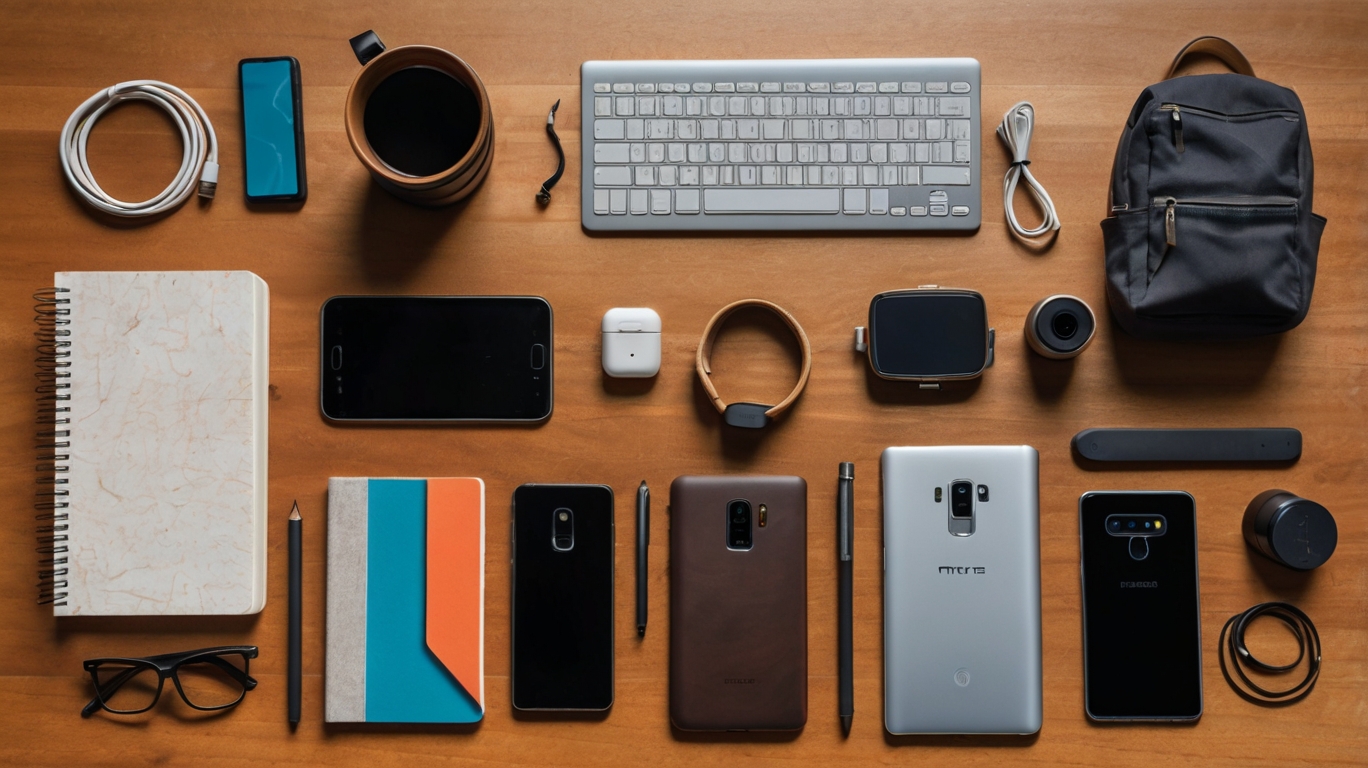 Flat lay of premium Android phones, smartwatches, wireless earbuds, laptops, and digital study gadgets on a wooden desk in a college dorm, representing the essential tech setup that fulfills Tech-Savvy College Students And Their Android Phone Needs — captured in ultra-detailed 8K resolution with vibrant colors and clean, modern design elements.