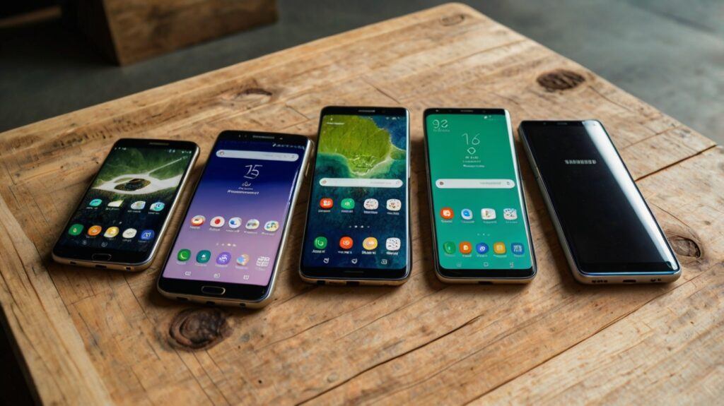 "Environmental Conscious Consumers: Eco-Friendly Android Phone Brands featuring a collection of sustainable Android smartphones from brands like Fairphone, Google Pixel, Teracube, and Samsung, showcased on a rustic reclaimed wood table surrounded by bamboo leaves, recycled packaging, and eco-labels like 'Recyclable Components' and 'Modular Design', photographed in 8K resolution for high-impact environmental branding, with no people in the frame and an emphasis on green living and low-impact technology."