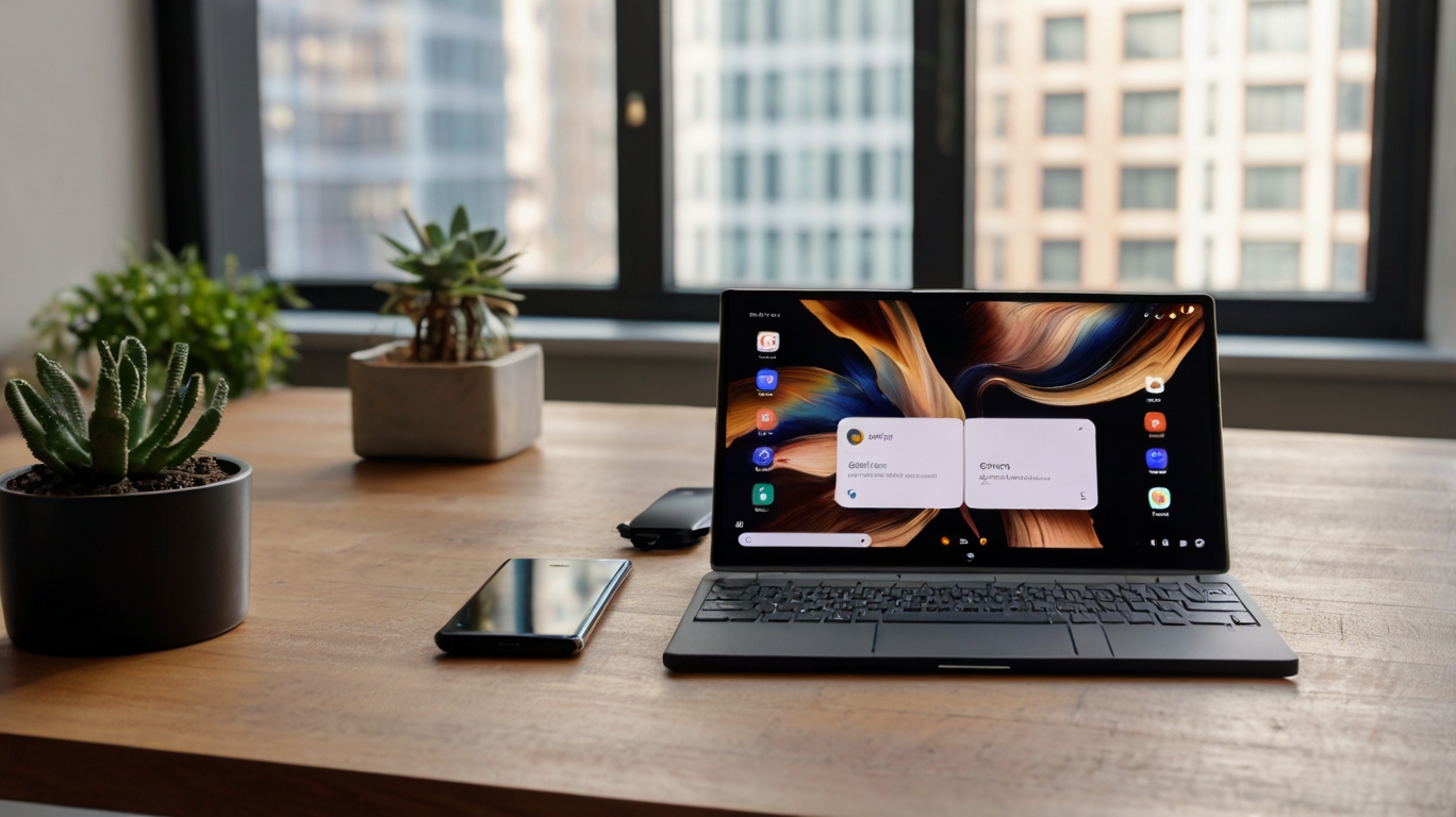 "8K professional stock photo of a modern productivity-focused workspace for business professionals featuring the latest Android phones that enhance productivity—Samsung Galaxy Z Fold 6, Google Pixel 9 Pro, OnePlus 12 Pro, Samsung Galaxy S24 Ultra, Sony Xperia 1 VI—arranged with premium accessories like wireless earbuds, styluses, portable power banks, and Bluetooth keyboards on a clean office desk, representing mobile-first business environments and high-performance Android productivity tools, no human presence, only cutting-edge gadgets and workplace essentials."