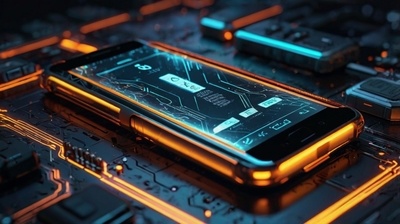 Long Battery Life Solutions For Android Devices futuristic concept illustration in 8K resolution showing advanced smartphone battery technology, glowing energy efficiency design, optimized power cells, and innovative digital circuits with no living things.