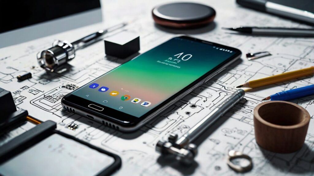 "Easy Android Phone Troubleshooting Tips illustrated with a high-resolution 8K stock photo of an Android smartphone on a desk surrounded by abstract repair tools, digital diagnostics overlays, and futuristic tech elements. Perfect visual for guides about fixing common Android issues, boosting performance, and solving mobile problems efficiently."