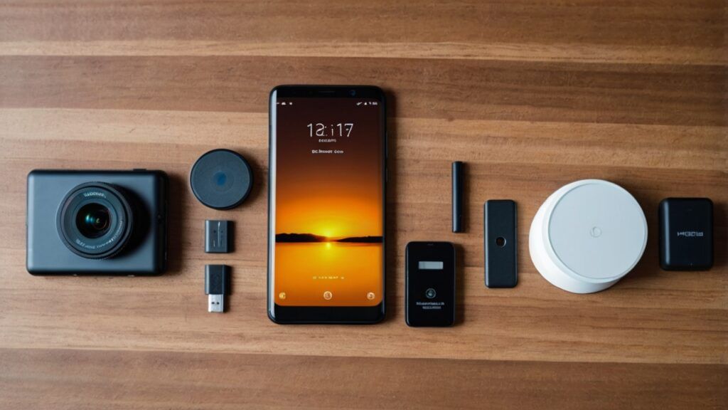 "Essential gadgets for Android phone photography including tripod, LED light, clip-on lenses, Bluetooth shutter remote, and gimbal stabilizer in 8K stock photography flat lay professional setup for mobile content creation accessories high-resolution image"