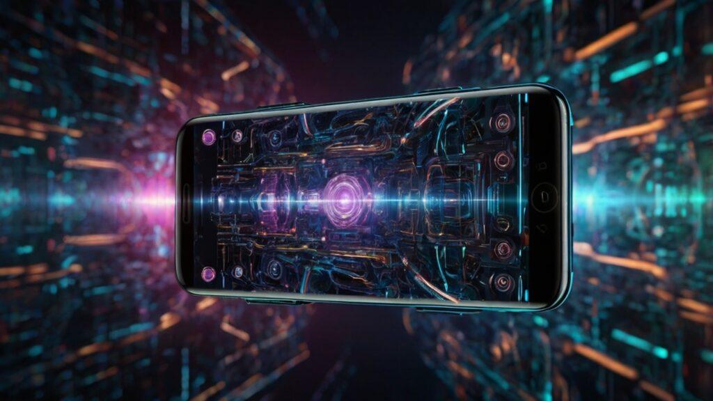"AI-powered Camera Features In Smartphones visualized in an 8K futuristic concept image showing advanced camera modules with holographic overlays, neural network patterns, abstract technology waves, and illuminated smartphone edges in a premium modern digital aesthetic without living things."