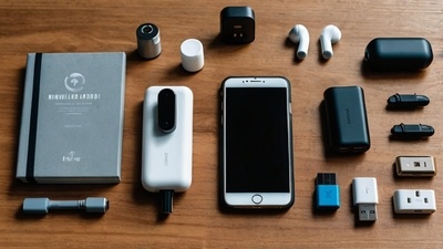 "Android Phone Accessories For Travel featuring power bank, wireless earbuds, rugged case, USB-C charger, travel adapter, and tripod in 8K resolution flat lay for modern travelers"