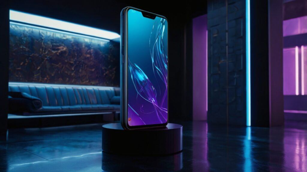 "Vivo: The Rise Of High-Value Mobile Devices – futuristic 8K resolution image of a premium Vivo smartphone with edge-to-edge display, neon blue and purple glowing lights, sleek modern design, high-value aesthetics, luxury smartphone innovation, advanced technology background, no living things, cutting-edge Vivo mobile device representing innovation, affordability, and premium experience in global smartphone market."