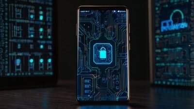 "Android Security Tips For Personal Data illustration showing a modern smartphone surrounded by glowing padlocks, shields, and holographic data streams, symbolizing privacy protection, encryption, safe browsing, and secure storage in a futuristic digital environment with no living things."