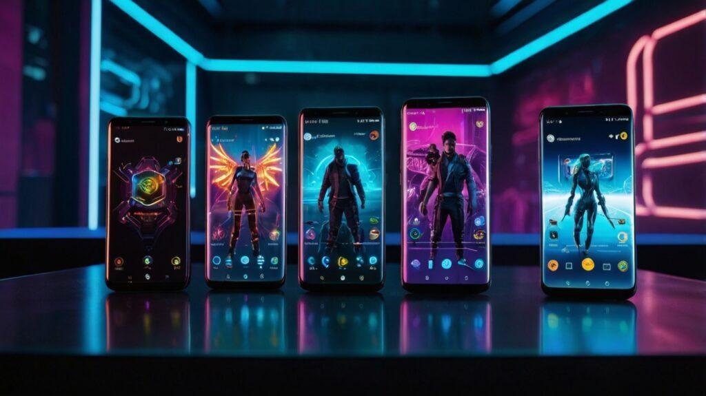 Top Gaming Android Phones 2025 futuristic cyberpunk style image featuring multiple premium gaming smartphones with neon RGB lighting, holographic performance stats, ultra-detailed high-resolution 8K technology background, advanced cooling design, sleek modern aesthetics, perfect for showcasing the best gaming Android devices.