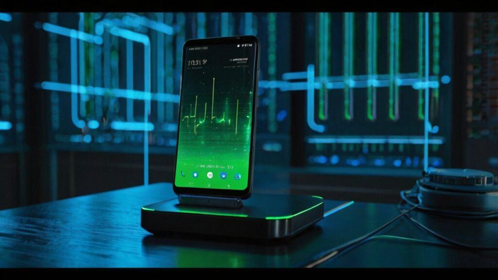"How To Extend Android Phone Battery Life illustrated with a futuristic Android smartphone on a clean desk setup surrounded by glowing battery icons, neon green-blue energy waves, and modern digital elements symbolizing long-lasting power and optimized battery performance in 8K stock photography style with no living things"