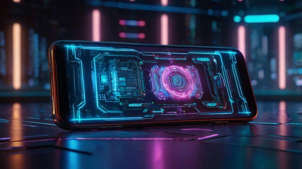 5G Enhanced Mobile Gaming For Android Phones futuristic neon smartphone with immersive graphics