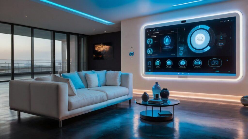 Android Apps For Smart Home Integration showcasing futuristic smart home controls, wall-mounted digital panels, holographic icons for lighting, security, climate, and entertainment systems, all seamlessly managed through Android applications, illustrating automation, innovation, and technology-driven living in ultra-detailed 8K resolution.