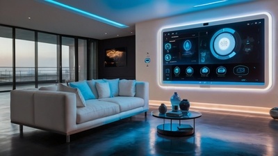 Android Apps For Smart Home Integration showcasing futuristic smart home controls, wall-mounted digital panels, holographic icons for lighting, security, climate, and entertainment systems, all seamlessly managed through Android applications, illustrating automation, innovation, and technology-driven living in ultra-detailed 8K resolution.