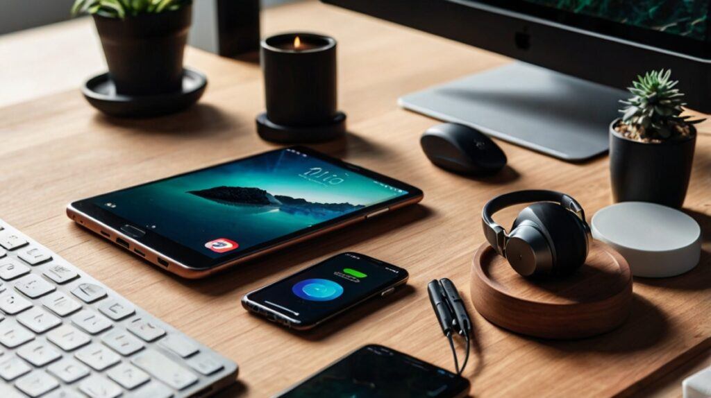 10 Must-Have Android Accessories For Enhanced Productivity featuring wireless keyboard, Bluetooth mouse, portable charger, USB-C hub, stylus, headphones, smartwatch, phone stand, external SSD, and tablet cover case arranged on a modern workspace desk, captured in high-quality 8K stock photography, no people, professional productivity tools for Android users.