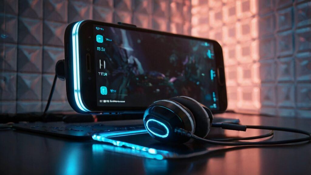 A perfectly composed 8K stock photo illustrating a premium mobile gaming setup for Cool Android Features For Gaming Enthusiasts, featuring a contemporary Android smartphone equipped with a sleek external cooling fan, an advanced mobile gaming controller, and high-fidelity gaming headphones, all arranged on a minimalist, illuminated metallic desk with a futuristic geometric background, devoid of any living presence, emphasizing technological sophistication and high-performance gaming.