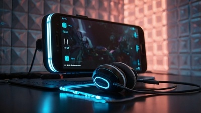 A perfectly composed 8K stock photo illustrating a premium mobile gaming setup for Cool Android Features For Gaming Enthusiasts, featuring a contemporary Android smartphone equipped with a sleek external cooling fan, an advanced mobile gaming controller, and high-fidelity gaming headphones, all arranged on a minimalist, illuminated metallic desk with a futuristic geometric background, devoid of any living presence, emphasizing technological sophistication and high-performance gaming.