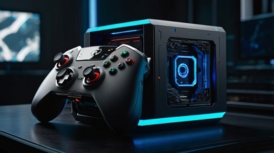 "8K ultra-resolution concept design of emerging Android gaming consoles with futuristic LED lighting, high-performance cooling vents, advanced controllers, and holographic interface elements representing next-gen Android gaming technology without living things"