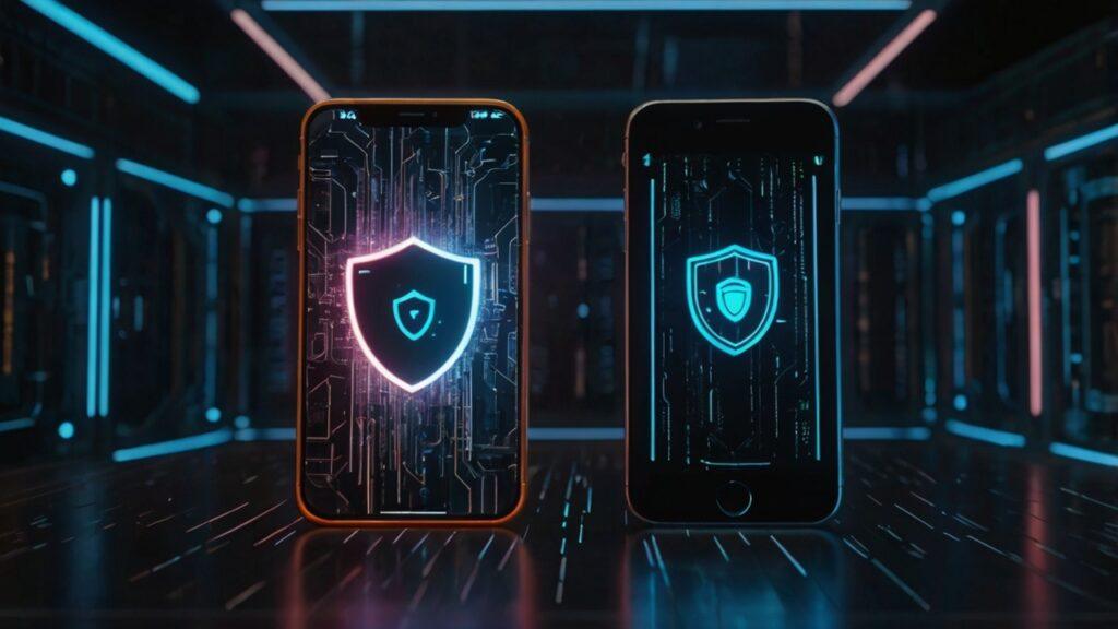 "Android Phones Are Less Secure Than iPhones concept illustration in 8K resolution showing digital security shields comparison, Android with vulnerabilities and iPhone with stronger protection, futuristic cyber grid, high-tech metallic theme, glowing data streams, cyberpunk aesthetic, no living things, smartphone security visualization"