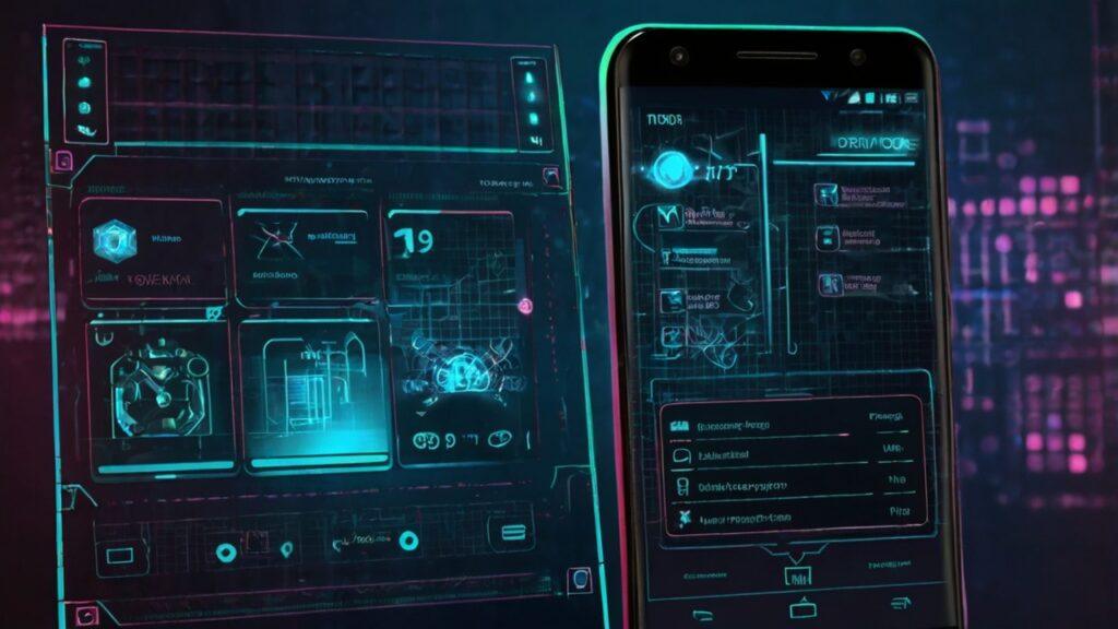 "How to customize Android phone with hidden settings in 8K resolution showing futuristic smartphone interface, glowing icons, developer options, advanced menus, high-tech grid background, Android customization tools, neon highlights, abstract technology concept"