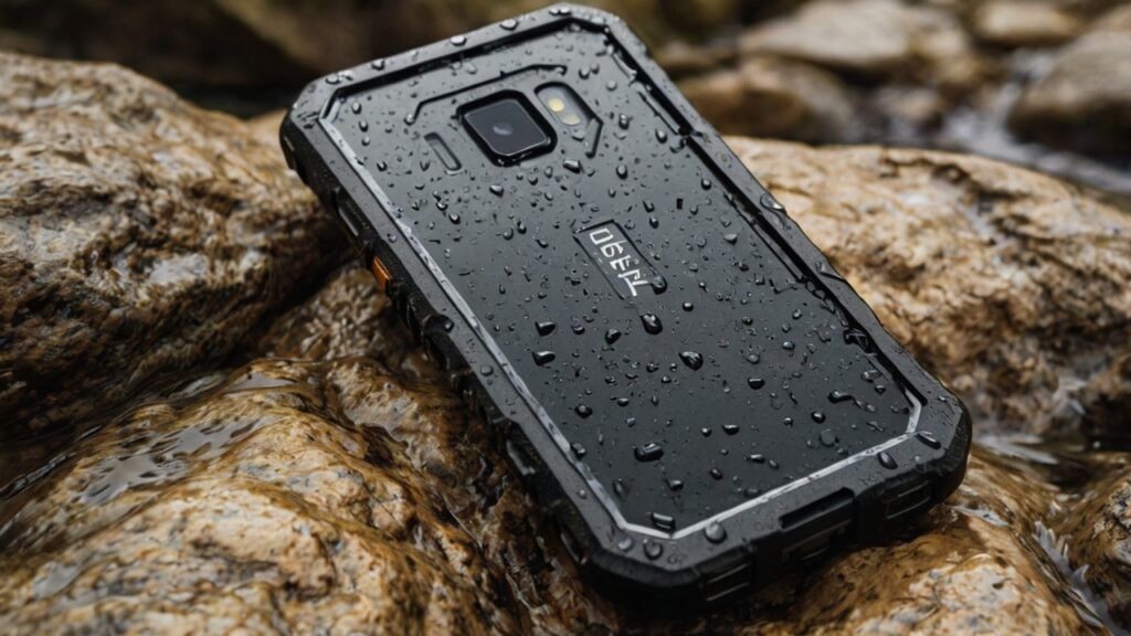 "Best Rugged Android Phones For Outdoor Use displayed in 8K resolution on rocky terrain with water, dust, and mud resistance features, showcasing durable military-grade smartphone design perfect for hiking, camping, climbing, and extreme environments."