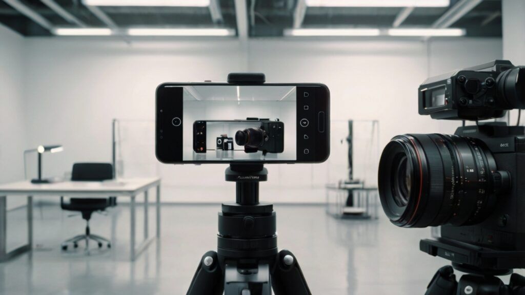 "Creative ways to use Android phone as a camera shown in 8K resolution stock photography with tripod, lenses, and photography setup for high-quality mobile photography solutions without living subjects."