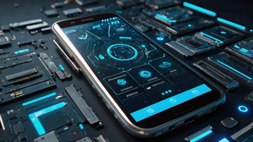 Android Phone Storage Full How To Clear – futuristic 8K smartphone storage interface, digital cleanup visuals, cache removal, data management icons, high-tech glowing display.