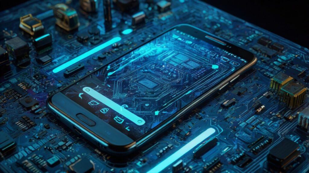 8K resolution futuristic Android smartphone interface with frozen glitch effects, glowing circuits, and abstract tech patterns symbolizing how to fix Android phone freezing issues, digital performance optimization, troubleshooting, and smooth device recovery without living things.