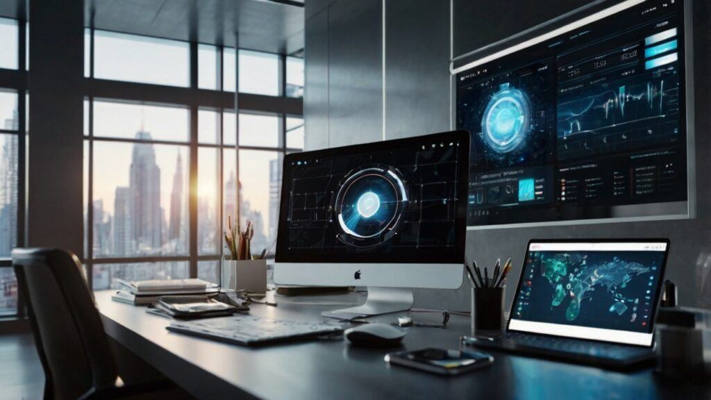 8K stock photography of a futuristic Android smartphone on a modern productivity workspace desk with glowing app icons, holographic screens showing productivity charts, time-blocking calendars, and task managers, representing rare Android apps that improve productivity with a clean professional high-tech theme and no living things.