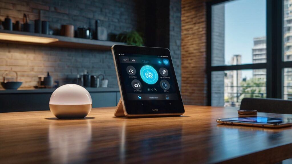 How To Turn Your Android Into A Home Automation Hub with a futuristic 8K stock photography image of a modern smart home setup featuring an Android smartphone surrounded by glowing IoT icons including smart lights, thermostat, Wi-Fi, security systems, and automation controls, representing seamless Android-powered home automation technology with no living things present.