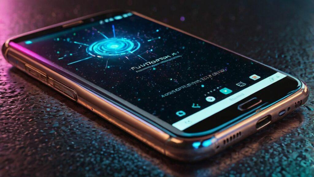 "New Android Phone Trends To Watch In 2024 futuristic concept design in 8K resolution showing sleek Android smartphones with holographic interface, glowing edges, modern tech design, abstract light trails, metallic backgrounds, futuristic innovation concept without living things"
