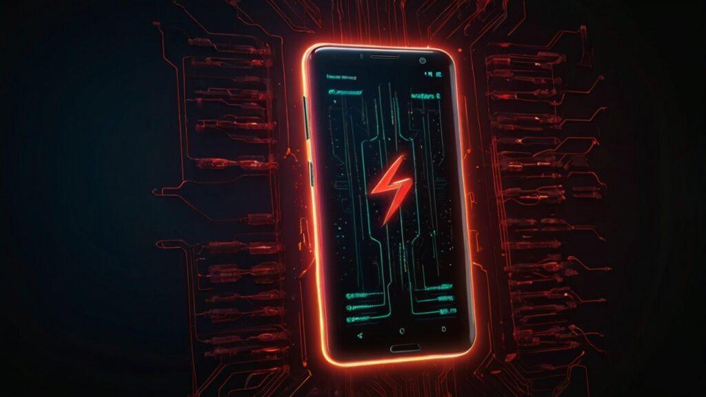 "8K illustration of Android phone battery draining too fast, futuristic design showing red low-battery warning, power loss, fast energy consumption issue, smartphone overheating, rapid power drain concept for Android devices, symbolizing poor battery performance and optimization problems"