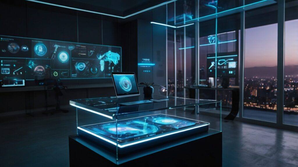 "Futuristic 8K resolution illustration of wearable tech integration with Android phones, showing Android smartphone syncing with smartwatches, AR glasses, and fitness wearables on a modern desk, holographic interface displays, neon lighting, advanced connectivity, no living things, highlighting innovation in wearable technology and Android ecosystem compatibility."