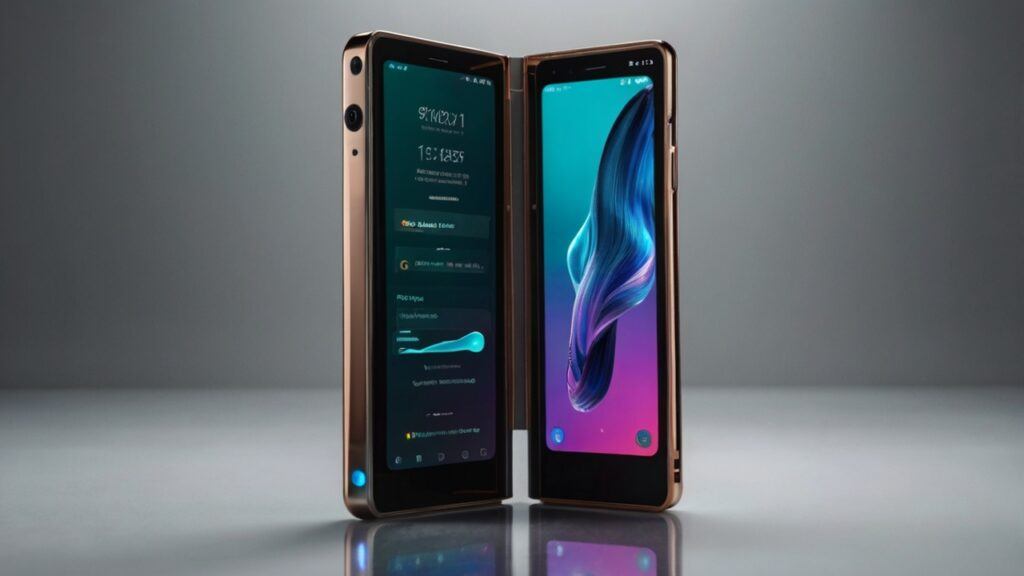 "8K resolution futuristic foldable Android phone trends 2024 showcasing cutting-edge foldable screen technology, innovative hinge design, bezel-less display, premium metallic finish, and futuristic user interface glowing on a modern gradient background with a reflective surface emphasizing the sleek design and advanced smartphone innovation"