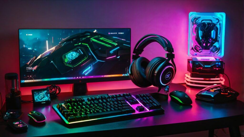 "Ultra-detailed 8K stock photography of futuristic Android gaming accessories setup, including a sleek wireless gaming controller, high-performance gaming headset, RGB mechanical keyboard, cooling fan attachment for smartphones, and portable gaming dock, arranged on a modern illuminated desk with neon accents, no living things, professional product showcase, cinematic lighting, premium technology aesthetics."