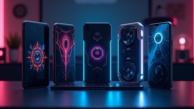 A lineup of next-gen gaming Android phones, with LED accents and advanced cooling systems Gaming Android Phones 2025 showcased in an 8K ultra-detailed stock image with futuristic RGB-lit smartphones, high-refresh-rate displays, cyberpunk-inspired neon lighting, holographic gaming HUDs, and advanced cooling systems, designed to emphasize next-generation mobile e-sports performance, power efficiency, smooth gameplay, and cutting-edge technology with no living things included.