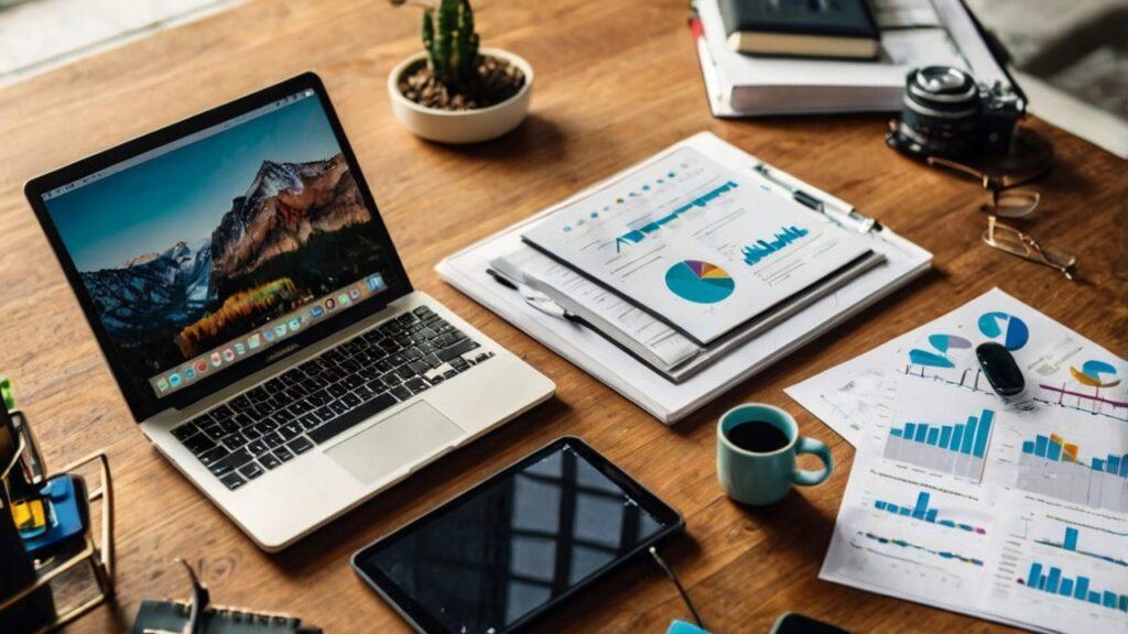 Illustration of a professional workspace with laptops, smartphones, charts, and digital tools representing Courses Wealthy Affiliate Best Online Guide 2025, symbolizing online business growth, affiliate marketing strategies, and digital learning without any living beings.