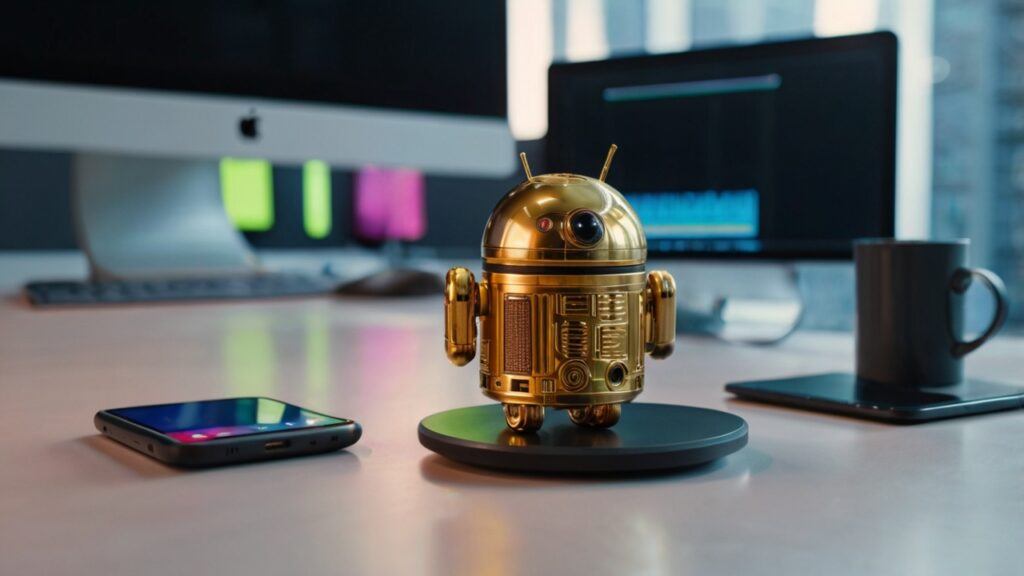 "Droid Crafted showcasing an 8K stock image of a futuristic technology workspace with neatly arranged Android smartphones, gadgets, and tech accessories. No living things, professional studio lighting, photorealistic details, minimalistic and vibrant composition, perfect for high-resolution tech blogs, product showcases, and online reviews. The image highlights modern mobile devices and sleek digital tools in a clean, organized setup, emphasizing cutting-edge Android technology."